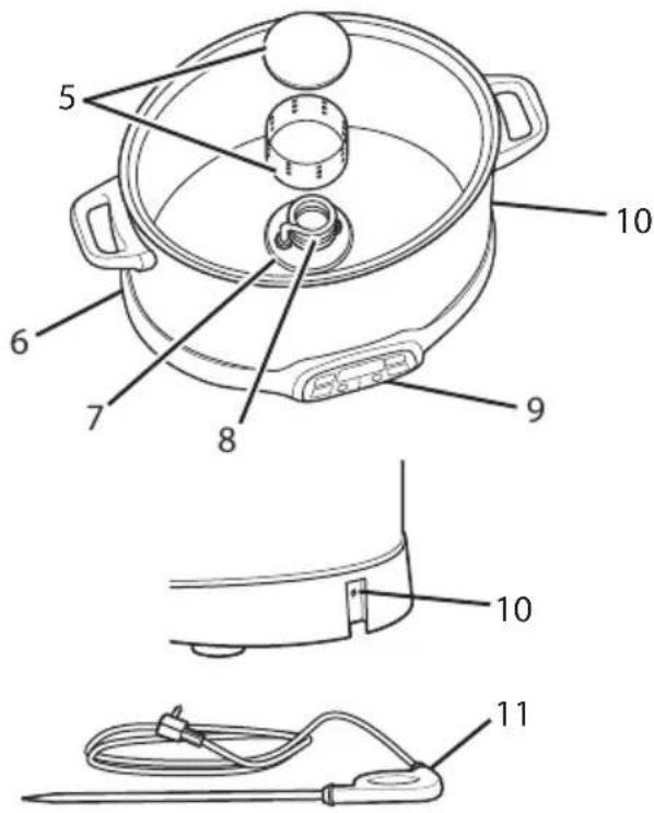 Technical diagram of a cooking pot with numbered parts for identification