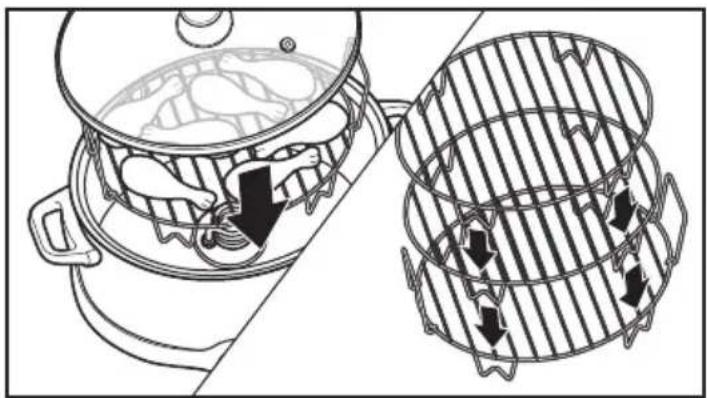 Diagram showing a cooking pan with internal components and a side view of a multi-tiered storage unit (no text or symbols)
