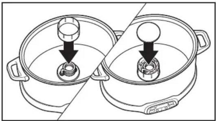 Two identical cooking pots with a lid, one open and one closed, both showing a drop in the interior (no text or symbols)