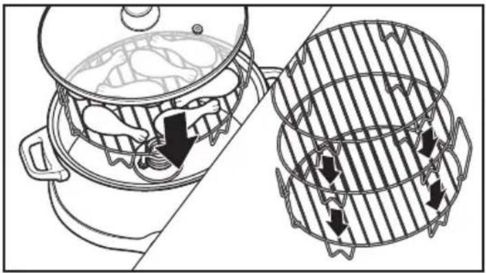 Diagram showing a cooking pan with food inside and a side view of a bamboo steamer with arrows indicating process flow (no text or symbols)