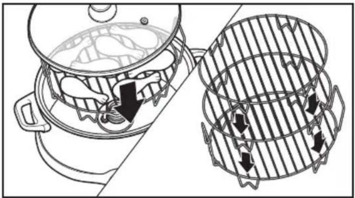 Diagram showing a cooking pan with contents and a side view of a bamboo steamer (no text or symbols)