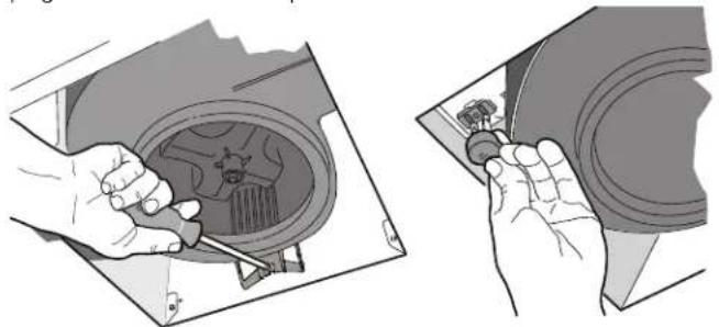 Illustration of hands using a screwdriver to adjust or install a car wheel component (no text or symbols visible)