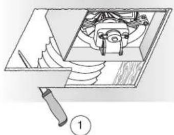 Technical illustration of a mechanical assembly with gears and a tool, no visible text or symbols