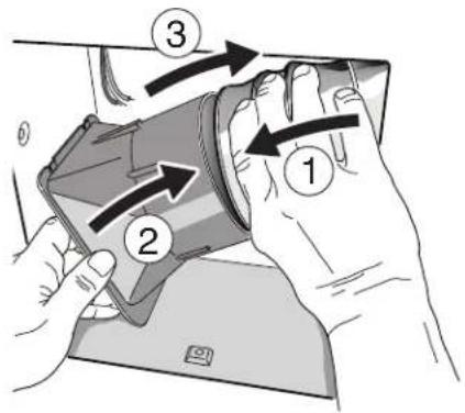 Diagram illustrating hand positioning of a device with numbered arrows indicating movement or positioning steps