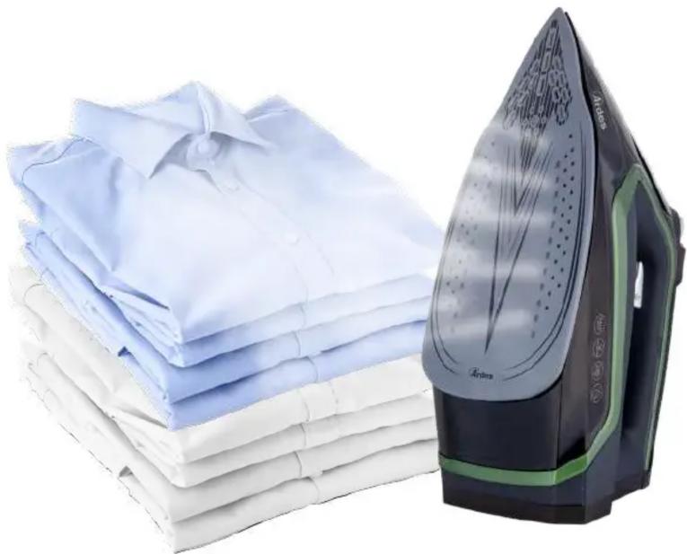 Stacked dresses with light blue shirts next to a black Ayrina air fryer (no text or symbols visible on the dress or iron)