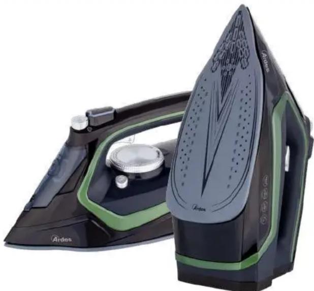 Exterior view of a modern electric iron with black and green casing (no visible text or symbols)