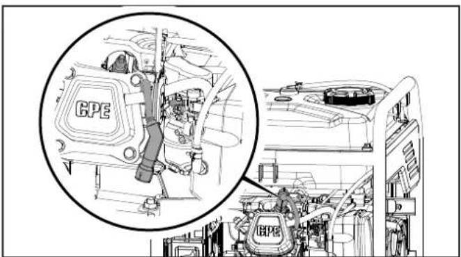 Technical line drawing of an engine compartment with a magnified inset showing internal components (no text or symbols)