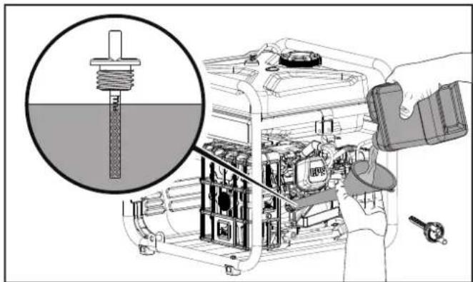 Technical diagram of a mechanical device with a magnified inset showing a threaded component and a hand holding a tool.
