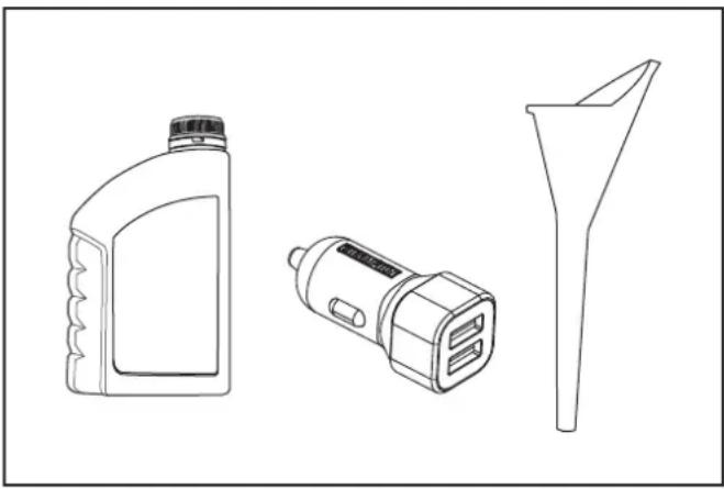 Line drawings of three different objects: a plastic bottle, a handheld device, and a funnel-shaped object (no text or symbols)