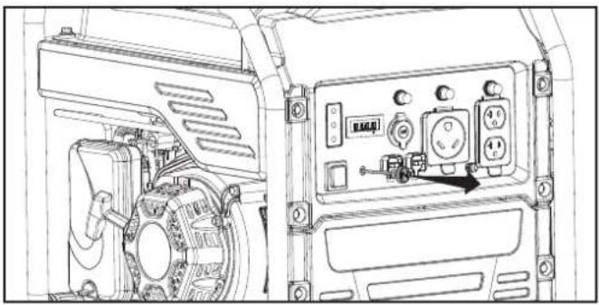 Technical line drawing of a mechanical device showing internal components and a control panel with an arrow pointing to a component (no text or symbols present)