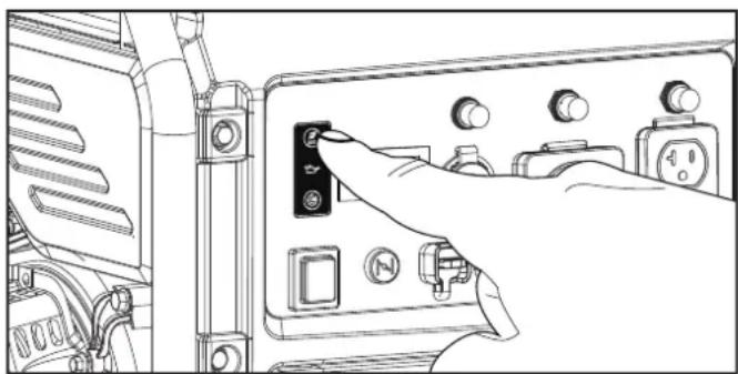 Line drawing of a hand pressing a button on an electrical control panel (no text or symbols visible)