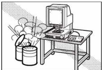Illustration of a vintage computer setup with monitor, keyboard, and cylindrical equipment (no text or symbols)