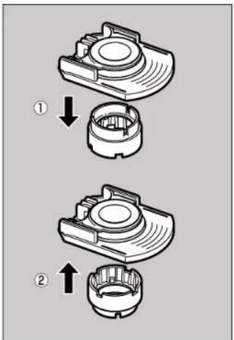 Technical diagram showing two mechanical component states with directional arrows indicating assembly or transformation steps.