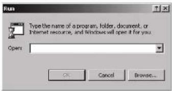 Run. Type the name of a program, folder, document, or Internet resource, and Windows will open it for you. Open: OK Cancel Browse...