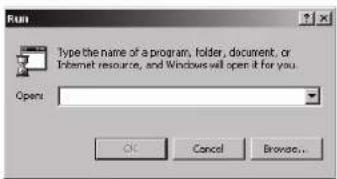 Run. Type the name of a program, folder, document, or Internet resource, and Windows will open it for you. Open: OK Cancel Browse...
