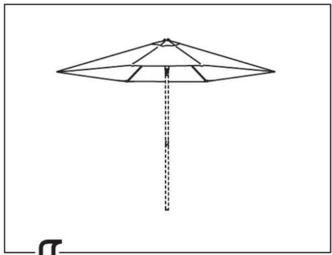 Dessin au trait simple d'un parapluie conique avec un poteau vertical et une ligne centrale en pointillés (sans texte ni symboles).