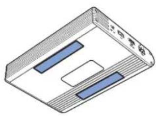 Isometric view of a rectangular device with two blue rectangular cutouts and a white central slot (no text or symbols)