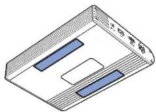 Isometric view of a rectangular device with two blue rectangular slots and a white central slot, no text or symbols visible.