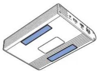 Isometric view of a rectangular device with two blue rectangular slots and a central slot (no text or symbols)