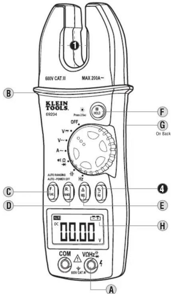 600V CAT.III MAX 200A~ KLEIN TOOLS. 69204 Press 2.5Ω HOLD OFF V~ V~ A~ Ω AUTO RANGING AUTO-Power OFF Hz F FOLC R MADS Δ REL %/2 Hz C D Auto DC 00.00 V COM VΩHz+ 800V CAT.N A F G On Back E H B