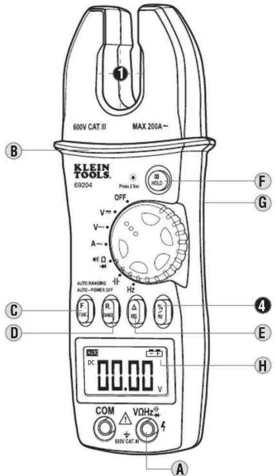 600V CAT.III MAX 200A~ KLEIN TOOLS. 69204 OFF V~ V~ A~ Ω AUTO RANGING AUTO-POWER OFF F. FNC R. RANGE Δ REL 35Hz Hz AUTO DC 00.00 V COM VQHz+ 800V CAT.II A B C D E F G H I