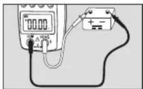Diagram showing a multimeter connected to a power supply with labeled terminals and connection points