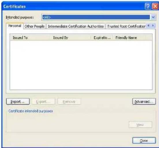 Certificates - Intended purpose: Personal, Other People, Intermediate Certification Authorities, Trusted Root Certification. Issued To, Issued By, Expiration..., Friendly Name. Import... Export... Remove Advanced... Certificate intended purposes. New Close