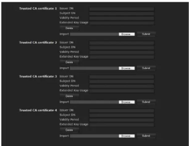 Trusted CA certificate 1: Issuer DN, Subject DN, Validity Period, Extended Key Usage, Delete, Import, Browse, Submit. Trusted CA certificate 2: Issuer DN, Subject DN, Validity Period, Extended Key Usage, Delete, Import, Browse, Submit. Trusted CA certificate 3: Issuer DN, Subject DN, Validity Period…