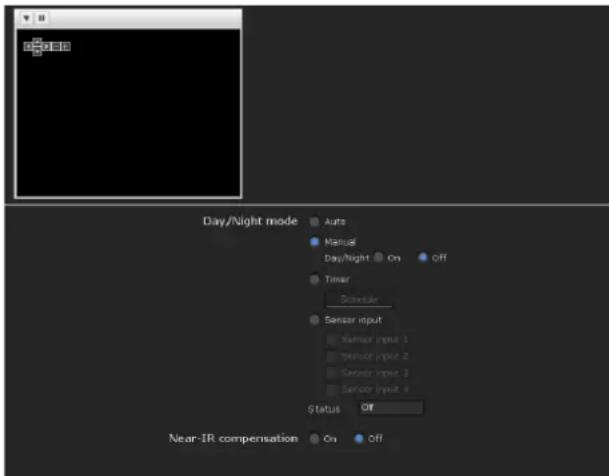 Day/Night mode Auto Manual Day/night On Off Timer Schedule Sensor input Sensor input 1 Sensor input 2 Sensor input 3 Sensor input 4 Status Off Near-IR compensation On Off