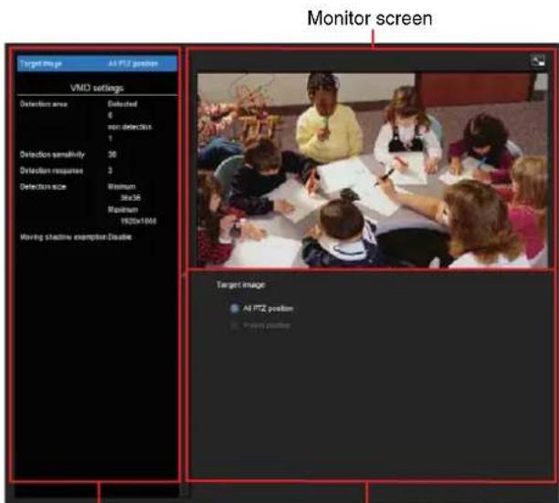 Monitor screen: Target image: All PIZ position. VMO settings. Detection area: Detected. 6. Non detection: 1. Detection sensitivity: 30. Detection response: 3. Detection size: Minimum: Stock. Maximum: 1925x1000. Moving shadow exemption: disabled. Target image: All PIZ position. Project position.