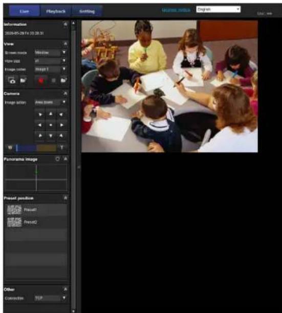 User, Playback, Snitting, MJPEG WORKS, English, Information, 2020-05-29 Fe 10:28:31, View, Screen mode, Window, View size, at, Image series, Image 1, Camera, Image action, Area zoom, Panorama image, Preset position, Freset1, Freset2, Other, Connective TCP