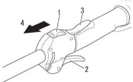 Technical diagram of a mechanical clamp or connector with numbered parts and directional arrow indicating motion