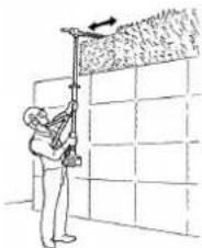 Illustration of a person using a tool to lift a wall-mounted object, no text or symbols present