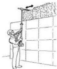 Illustration of a person using a handheld device to lift a textured surface against a grid-patterned wall (no text or symbols)