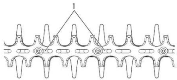 Technical line drawing of a mechanical component with repeating teeth and a triangular pointer labeled '1' (no text or symbols beyond the label)