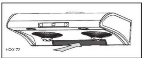 Diagram of a car air conditioner unit with two fans and a vent, showing airflow direction (no text or symbols)