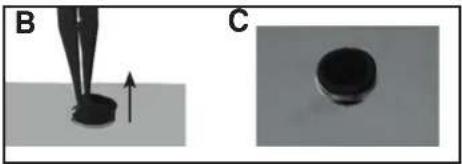 Two-panel image showing a fountain tip interacting with a dark object, and a close-up of a small black object (no text or symbols visible)