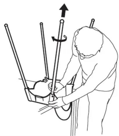 Dessin au trait d'une personne utilisant un dispositif mécanique avec des bras rotatifs et une tête, sans texte ni symboles