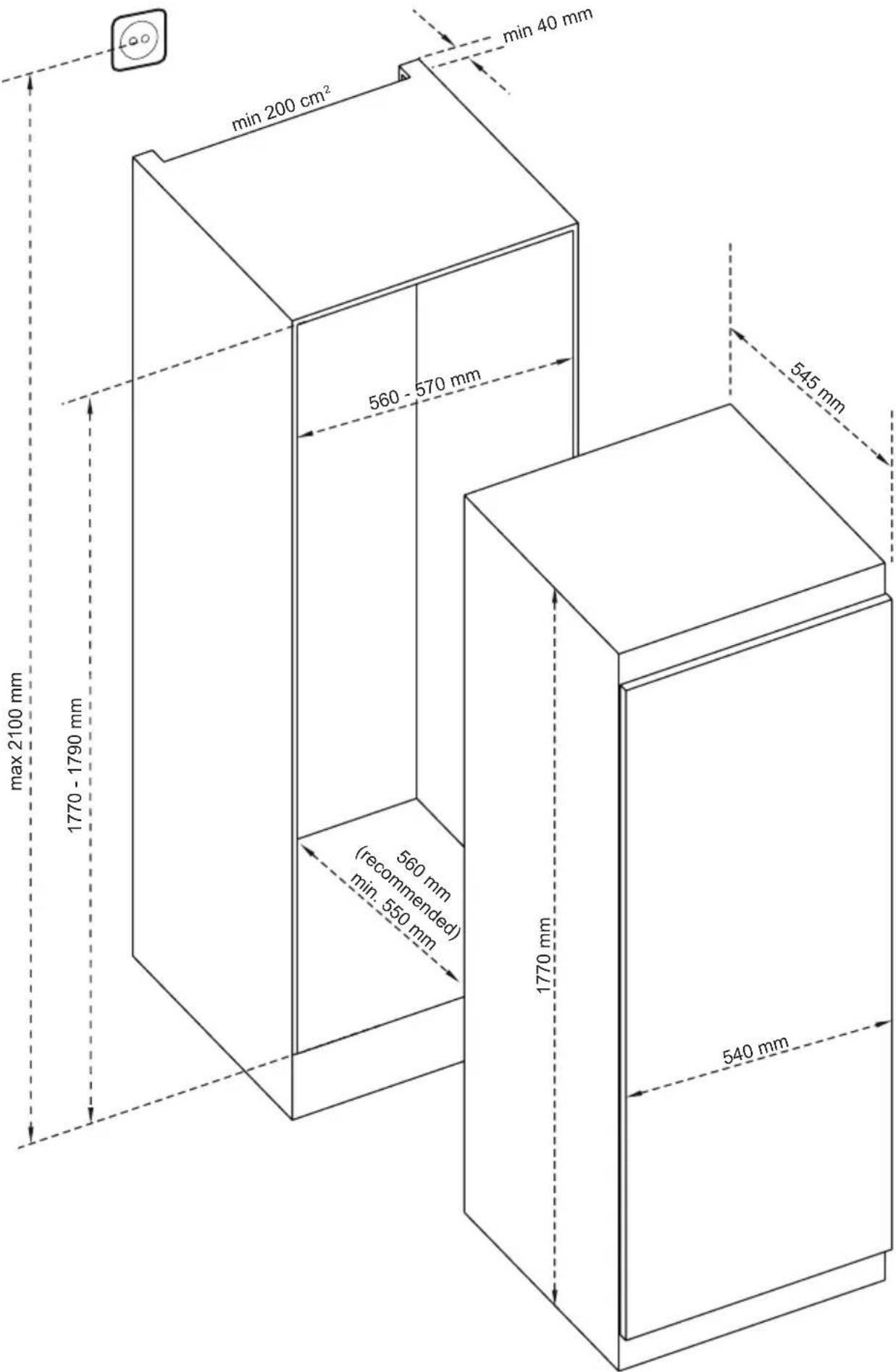 min 200 cm² min 40 mm 560 - 570 mm max 2100 mm 1770 - 1790 mm 545 mm 560 mm (recommended) min 550 mm 1770 mm 540 mm