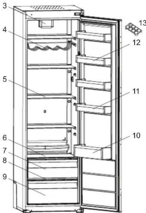 Technical diagram of a refrigerator with numbered parts for identification.