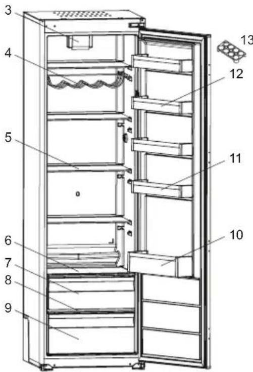 Technical diagram of a refrigerator with numbered parts for identification.