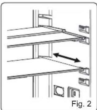 Diagram of a shelving unit with shelves and doors, showing structural components and directional arrows (no text or symbols).