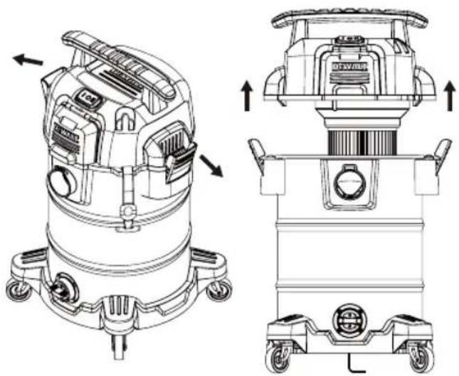 Technical line drawings of a vacuum cleaner and a mobile cart, showing internal components and directional arrows (no text or symbols)