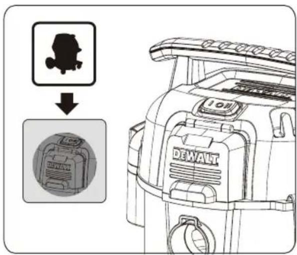 Diagram showing a device with a black silhouette icon and an arrow pointing to a labeled component, alongside a circular inset image of the device.