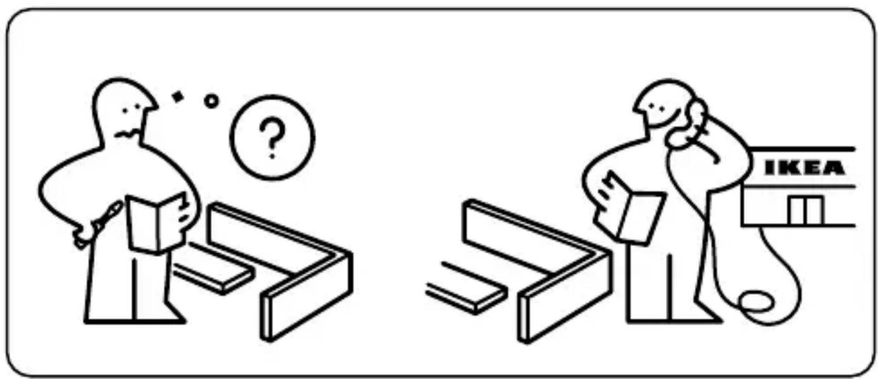 Illustration montrant deux personnes dans un cadre de vente au détail ou de bureau, l'une réfléchissant et l'autre examinant des articles, avec un magasin IKEA visible à droite.