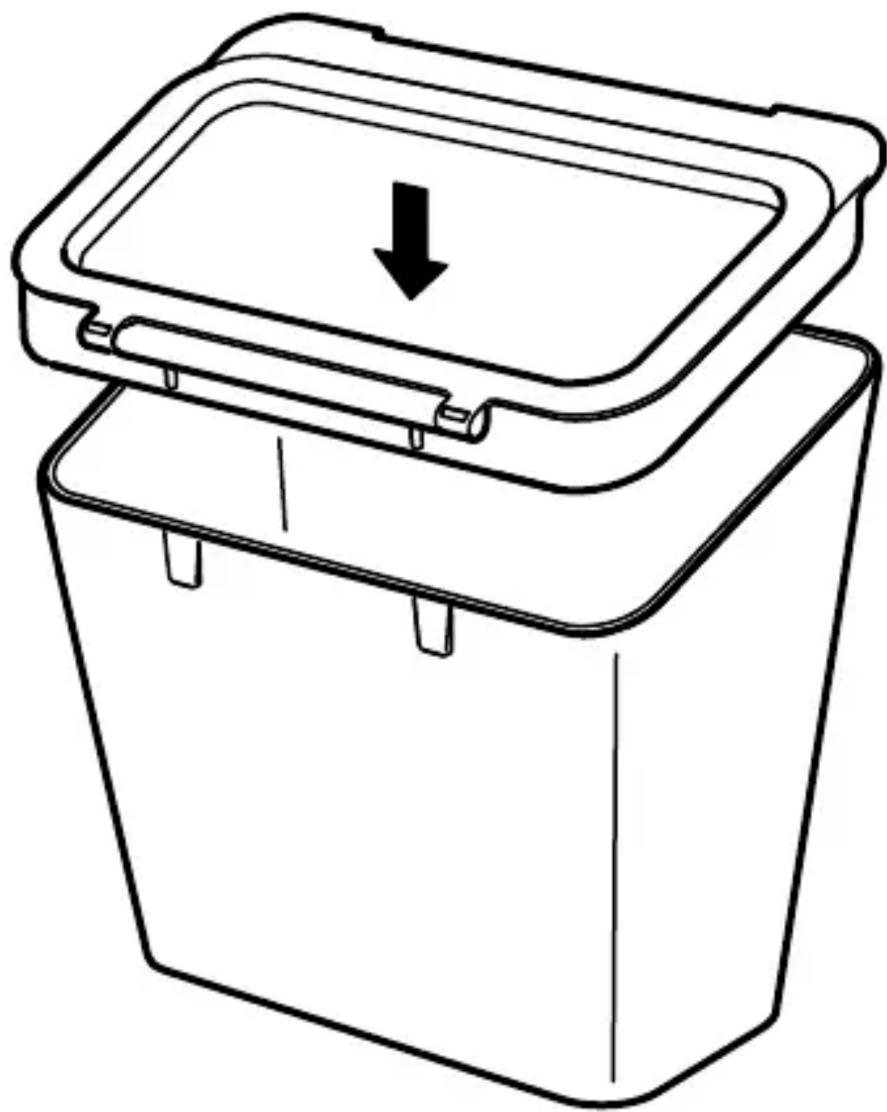 Dessin au trait d'un conteneur à deux compartiments avec une flèche vers le bas indiquant une compression ou un dégagement (sans texte ni symboles)