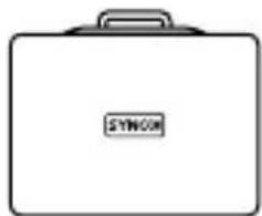 Simple line drawing of a white briefcase with a handle and 'SYNCON' label on the front face (no other text or symbols)