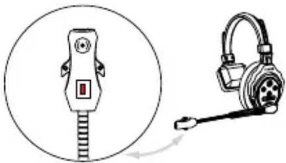 Illustration of a medical device with a red button and attached ear cap, shown in two views: one circular (no text or symbols)