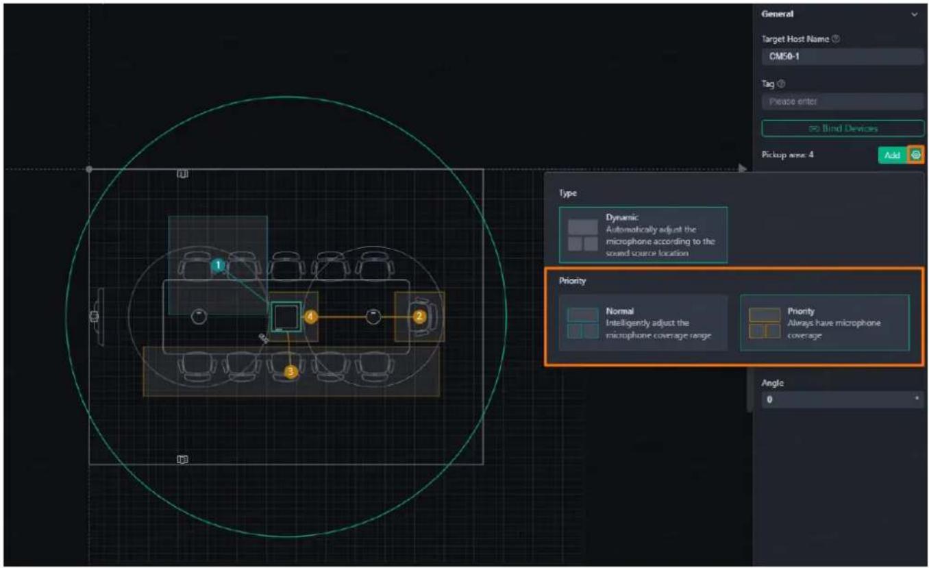 General Target Host Name CM50-1 Tag Please enter Blind Devices Pickup area 4 Add Type Dynamic Automatically adjust the microphone according to the sound source location Priority Normal Intelligently adjust the microphone coverage range Priority Always have microphone coverage Angle 0