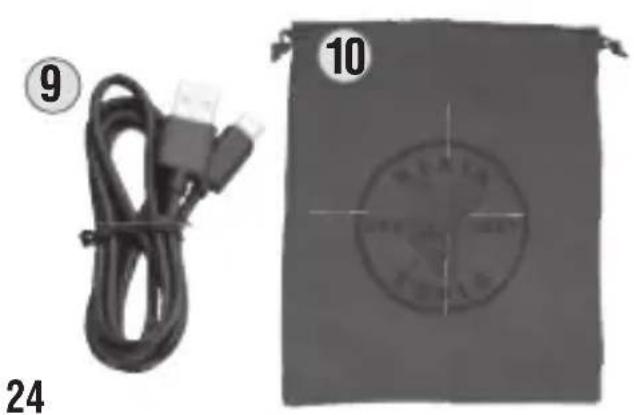 Two items: a black cable with a plug and labeled (9) and a gray bag with a circular crosshair symbol (10), both without any readable text or symbols.